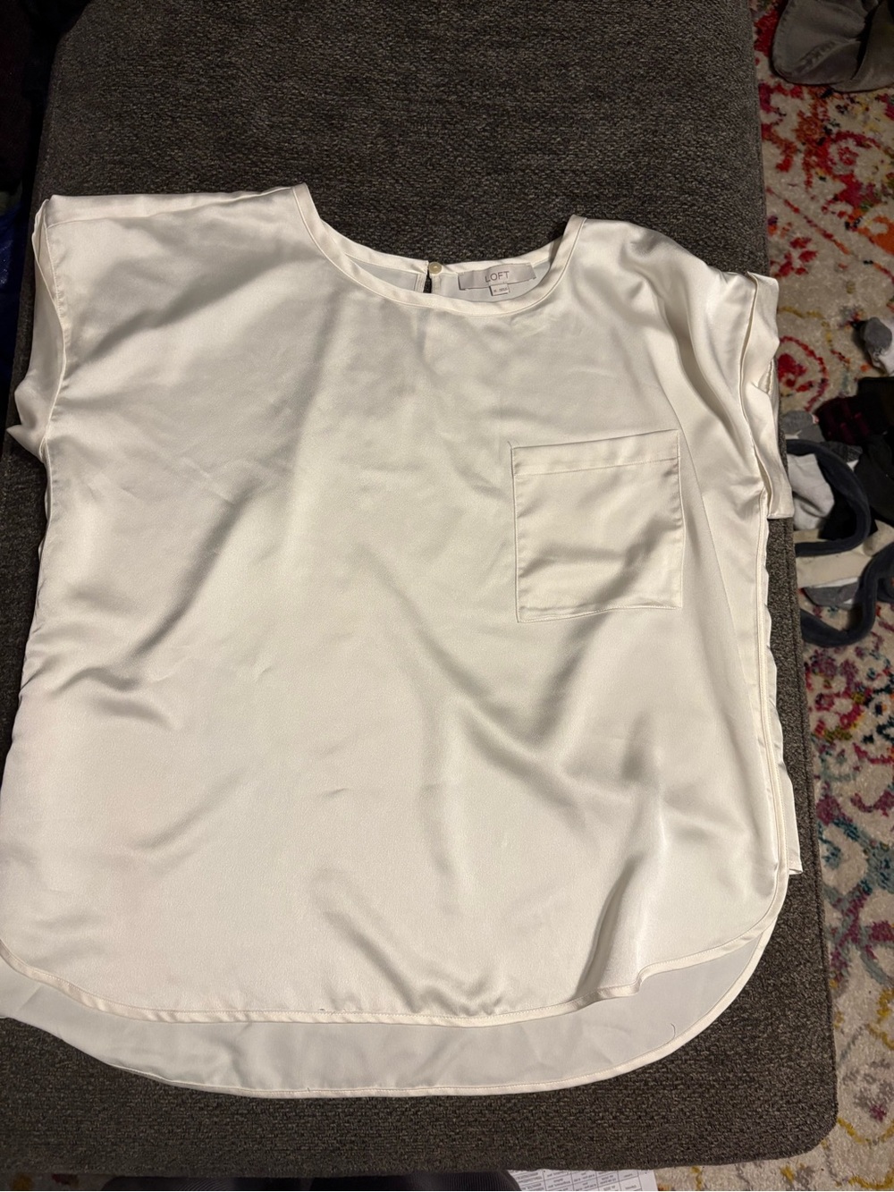 LOFT Ivory Satin Short-Sleeve Pocket Blouse
